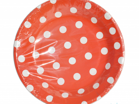 Тарелка круглая красная, белый горох - 12 шт.