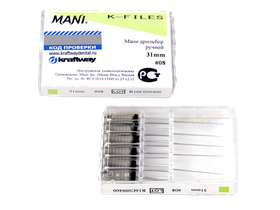К-файлы, дрильбор ручной Мани (Mani K-Files) №08, длина 31 мм, ISO-08, 6 шт/упаковка, Япония (Mani, Inc.) 0324002М