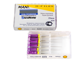 Н-файлы, бурав корневой ручной Мани (Mani H-Files) №10, длина 25 мм, ISO-10, 6 шт/упаковка, Япония (Mani, Inc.) 0332002М