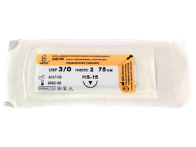 Шелк плетеный черный МР(2), USР(3/0), длина 75 см, игла обратно-режущая HS-15, 1/2 окружности, Россия (ООО "Линтекс") 18020В150750