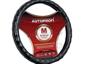 Чехол на руль "AUTOPROFI" AP-765 BK (M) кожа, гладкая, глянцевая, ребристая, черный
