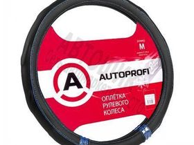 Чехол на руль "AUTOPROFI" AP-1408BK/BL (M) экокожа, 3 вставки, прострочка, ребристая, черный/синий