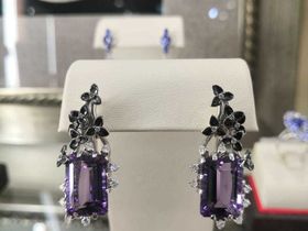 Серьги золото белое 585 пробы, Аметисты 13,95 карат, бриллианты 0,59 карат