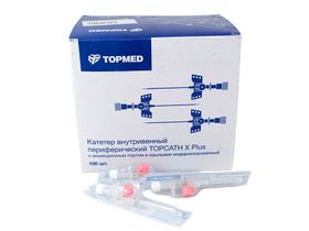 Катетер внутривенный периферический Topmed "TOPCATH X Plus" 20G, с инъекционным портом и крыльями модернизированный, Fep (тефлон), 100 штук/упак, Индия ( Wellmed Int.) 9201-03-20