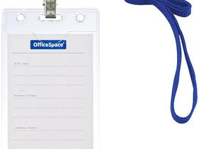 Бейдж вертикальный OfficeSpace, 63*105мм (размер вставки 55*85мм), с клипсой на синем шнурке
