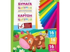 Набор цв. немел.картона 16л. и двусторон.газет.цв.бумаги 16л, A4, ArtSpace, в папке, "Коровка"