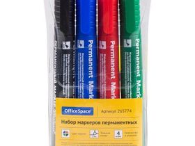 Набор маркеров перманентных OfficeSpace "8004", 4цв., пулевидный, 2мм, чехол с европодвесом