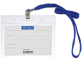 Бейдж горизонтальный OfficeSpace, 100*75мм (размер вставки 85*55мм), с клипсой на синем шнурке