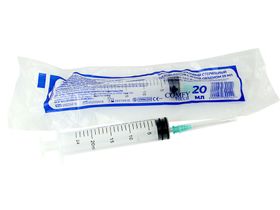 Шприц 20 мл (см3) с иглой 21G*1 1/2 (0,8*38 мм) Comfy Touch одноразовый стерильный (крепление luer slip), 36 штук/упаковка, Китай (Huaian City Hengchun Medical Products Co., Ltd)