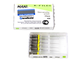 К-файлы, дрильбор ручной Мани (Mani K-Files) №08, длина 25 мм, ISO-08, 6 шт/упаковка, Япония (Mani, Inc.) 0322002М