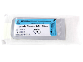 Монофил синий МР(1,5), USP(4/0), длина 75 см, игла обратно-режущая HS-20, 1/2 окружности, Россия (ООО "Линтекс") 13215B200750