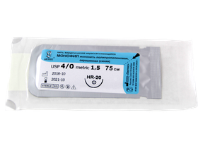 Монофил синий МР(1,5), USP(4/0), длина 75 см, игла колющая HR-20, 1/2 окружности, Россия (ООО "Линтекс") 13215A200750