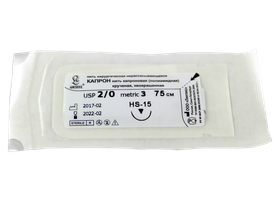 Капрон крученый неокрашенный МР(3), USP(2/0), длина 75 см, игла обратно-режущая HS-15, 1/2 окружности, Россия (ООО "Линтекс") 15330В150750