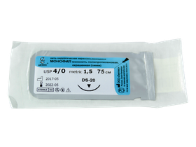 Монофил синий МР(1,5), USP(4/0), длина 75 см, игла обратно-режущая DS-20, 3/8 окружности, Россия (ООО "Линтекс") 13215G200750