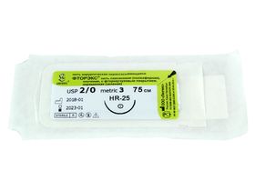 Фторэкс плетеный зеленый МР(3), USР(2/0), длина 75 см, игла колющая HR-25, 1/2 окружности, Россия (ООО "Линтекс") 14430A250750