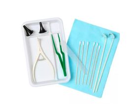 Набор изделий для оториноларингологических осмотров, одноразовый стерильный, тип 2, вариант 2 (воронка ушная-2 шт, зеркало носовое–1 шт, пинцет-1 шт, зеркало гортанное-2 шт, зонд-тампон- 6 шт, шпатель пл.-  шт, салфетка - 1 шт, лоток - 1 шт), Россия (ООО