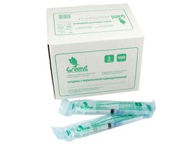Шприц 2 мл (см3) с иглой 23G*1 1/4 (0,6*30 мм) Greens одноразовый стерильный, 100 шт/упаковка (картонная коробка), Китай (Jiangxi Hongda Medical Equipment Group Ltd.)
