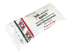 Бинт марлевый медицинский нестерильный, размер 5 м х 5 см. "Wiseman", плотность 28 г/м2, Россия (ООО "Ньюфарм")