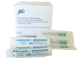 Игла инъекционная 21G (0,8*40 мм) медицинская, однократного применения, стерильная, тип крепления "Луер", 100 шт/упаковка, Китай (Jiangxi Hongda Medical Equipment Group Ltd)
